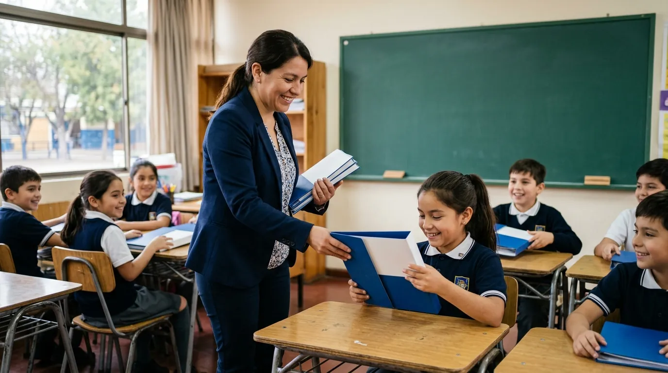 Profesora repartiendo carpetas institucionales en la sala de clases