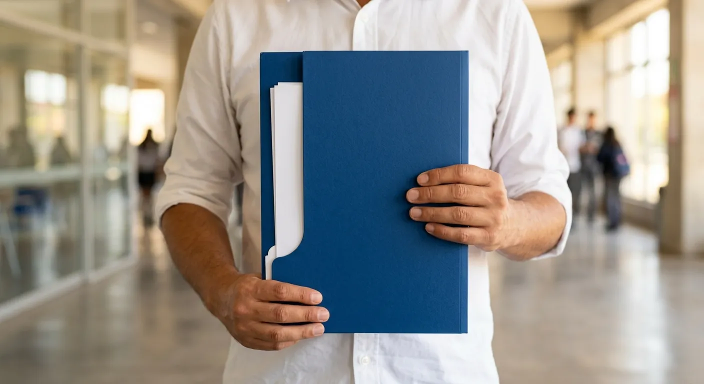 Detalle en mano sosteniendo la carpeta azul couché 350g