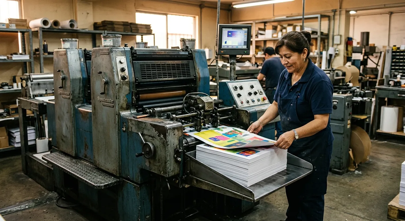 Prensa offset de 4 colores en funcionamiento en imprenta Santiago
